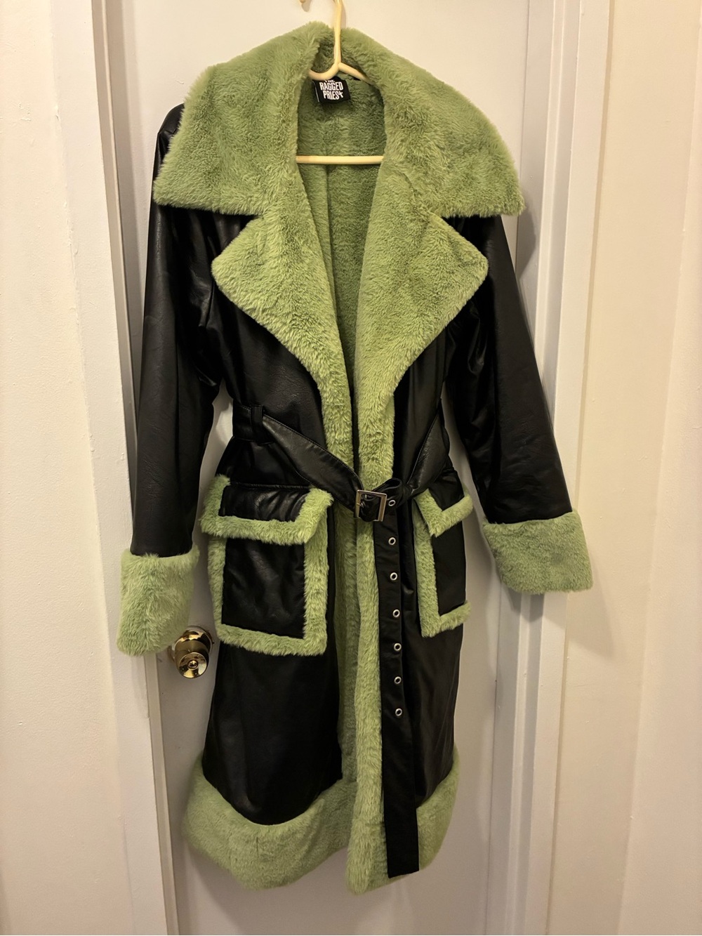 The Ragged Priest Vegan Leather Faux Fur Coat - Black/Lime Bruiser Trench Coat L
